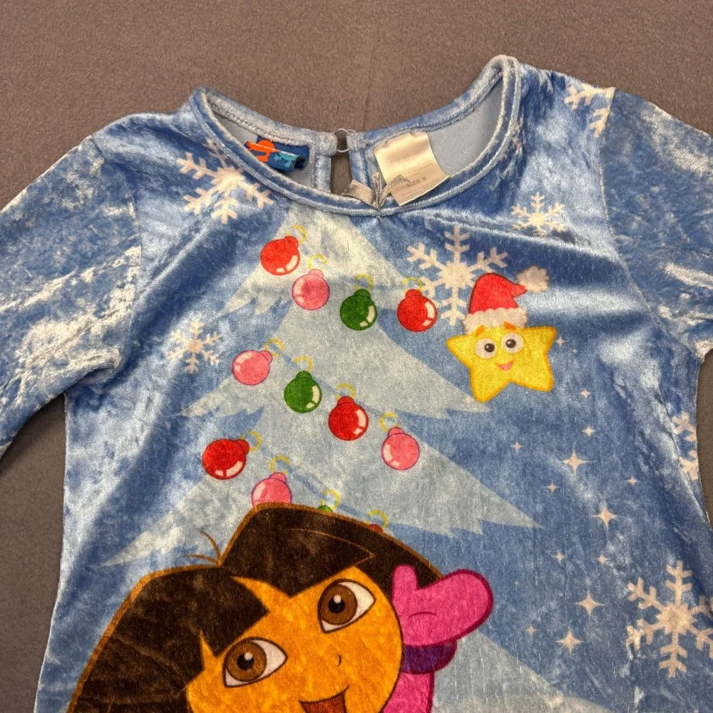 Vtg Y2K Kids Christmas Blue Dora the Explorer Long sleeve Nightgown‎ PJ Size 8